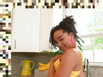 Charming ebony with natural tits getting drilled hardcore doggystyle in the kitchen