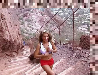 Lovely chick nicky takes off her clothes during a hiking tour