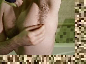 Hairy guy shave his armpits, shoulders, pubis, balls dick and asshole in the bathroom