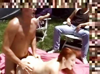Redhead wife is cheating on her husband outdoors and getting cumshot