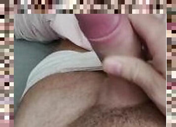 Sorting out morning erection jerking on bed cum on stomach