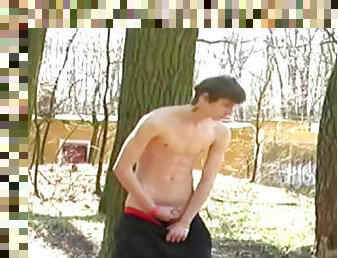 Lovely brunette masturbate his dick in the forest