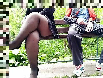 Unknown milf in pantyhose masturbates my dick in the park on a bench