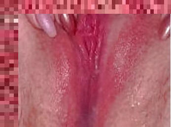 Milf on close up, creampie, masturbation wet pussy until she comes after sex