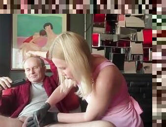 Naked Russian MILF Shaves a Dick Shaves a Pensioner's Cock