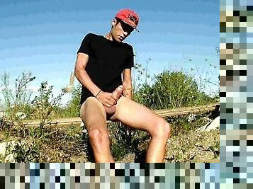 Twink outdoor piss, huge dick intense jerk and cum on self