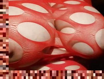 Red Fishnet Huge Boobs, Clamps and Pegs