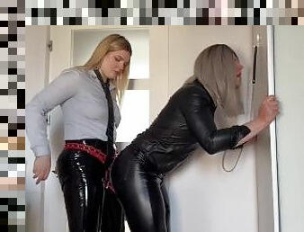 Girl in latex pants pegging sissy in leather
