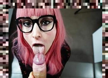 Beautiful babe with glasses sucks my cock and gets huge cum on her face