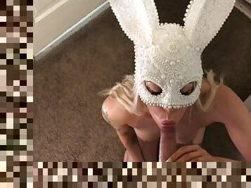 Sexy white rabbit mask blowjob. Does she swallow?