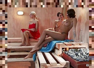 Tight body lesbian threesome in the sauna