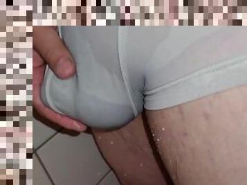 Uncircumcised penis, shower briefs, quick solo-male jerking off until cum-shot in hand