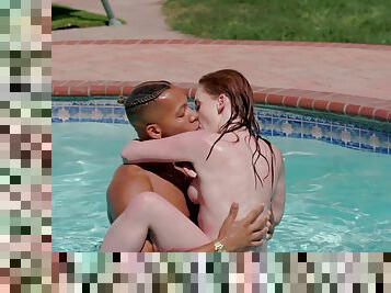 Spicy babes share restless pair of BBCs in restless foursome by the pool