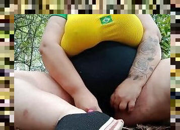 Brazilian bbw in the park with her dildo