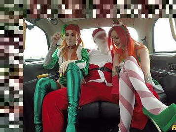 Christmas threeway in a cab with festive gals Alexxa Vice and Azura Alii