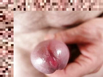 Playing with my small fat dick getting erect close up of pee hole and precum
