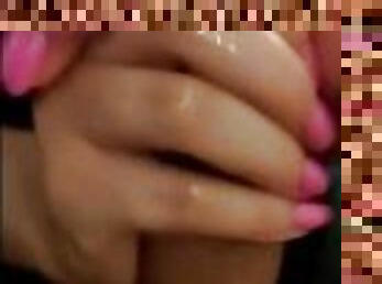 Full Handjob with Amazing Hands and Long Pink Nails makes him Cum on Her Young Tits