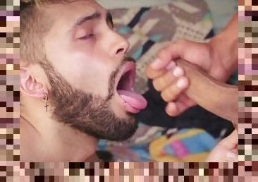 POV Facial Hot Latino Camilo Brown Passionately Sucking a Big Uncut Cock Until He Gets His Face Cove