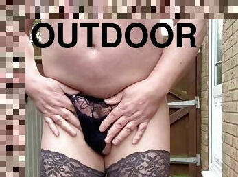 Outdoor handjob in stockings, panties and heels