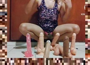 Sissy in chastity trying many dildos up her horny asshole