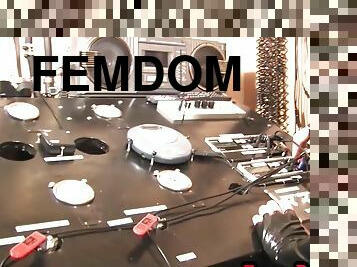 Femdom BDSM latex domina torments sub with cock pump