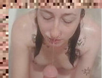 POV Amateur shower blowjob with facial