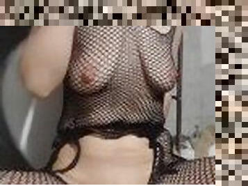 Busty Milf in Fishnet Suite Smoking in toilet, Pee hard, Cleaning Pussy Close Up, doggy Style Spread