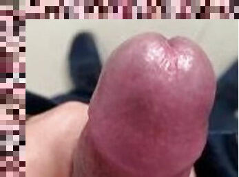 broker puts his dick out and masturbates until he gets excited, with a close-up of the head of the p