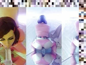 Trans girl wearing pink fucks herself with multiple toys and blows a load