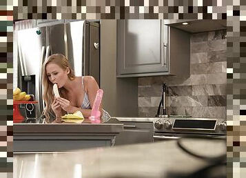 Sweet blonde filmed in secret taking cock in the kitchen