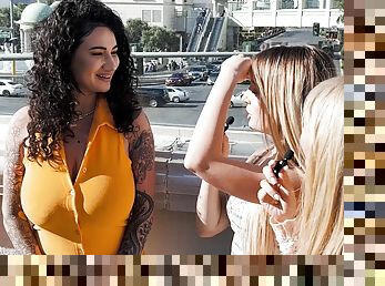 Lesbian teens pick up superb MILF on the street