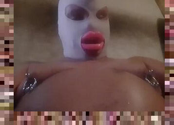 Sissy gagged, pink lips, hooded mask