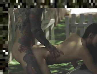 Asian hottie Katana sucks well hung tattooed stud before fucking outdoors