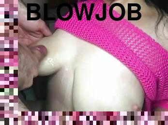 Girl gives her stepbrother a blowjob and gets hot cum on her boobs