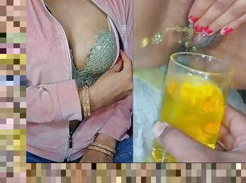 Indian bhabhi fingering hot pussy and peeing in glass on neighbour demand and talking dirty in hindi