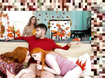 Lucky boy fucks his redhead girlfriend and her spicy mom in home FFM