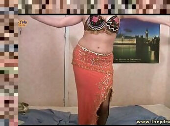 Busty drunk girl in bra does belly dance