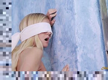 Erotic hook up where a blonde is blindfolded and fucked against a wall